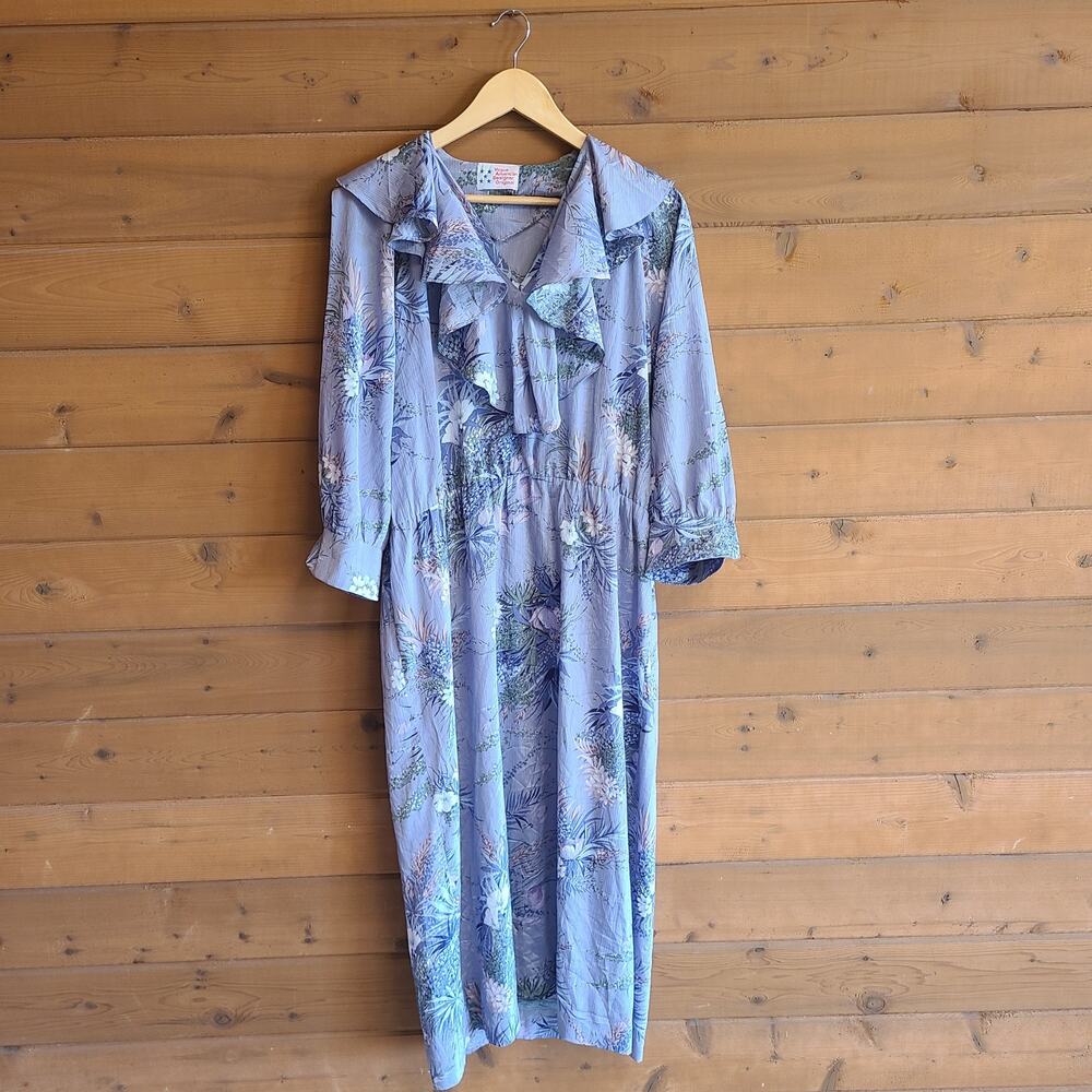 Vintage 70's Vogue Prairie Dress Midi Ruffled Watercolor Floral Cottagecore Boho